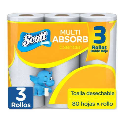 Toalla de Papel Desechable Scott Multi Absorb 3 Rollos -80 hojas