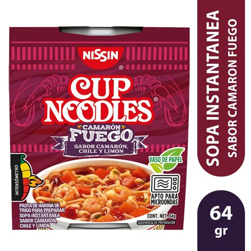 Sopa Instantanea Nissin, Cup Noodles Sabor Camarón Fuego Vaso de Papel - 64gr