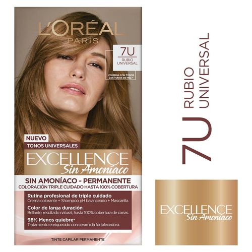 Tintura Permanente L´Oreal Excellence Sin Amoníaco Tono Rubio Universal 7U - 1Uds