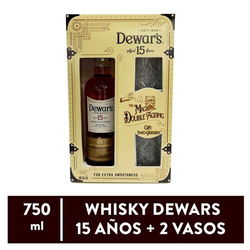 Whisky Dewars 15 años más 2 Vasos - 750 ml