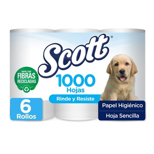 Papel Higiénico Scott 1000 Hojas Reciclado Hoja Sencilla - 6 Rollos