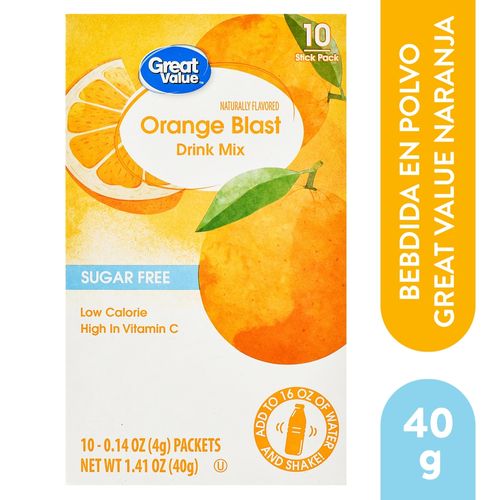 Bebida En Polvo Great Value, Naranja Con Electrolitos Sin Azúcar- 40 g