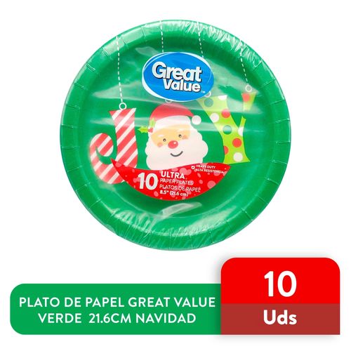 Plato De Papel Great Value Verde  21.6cm Navidad - 10Uds