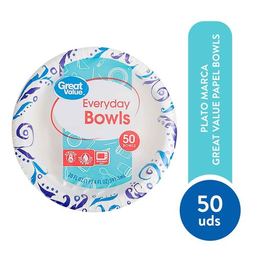 Plato Desechable De Papel Bowls Marca Great Value Impr - 50 Unidades