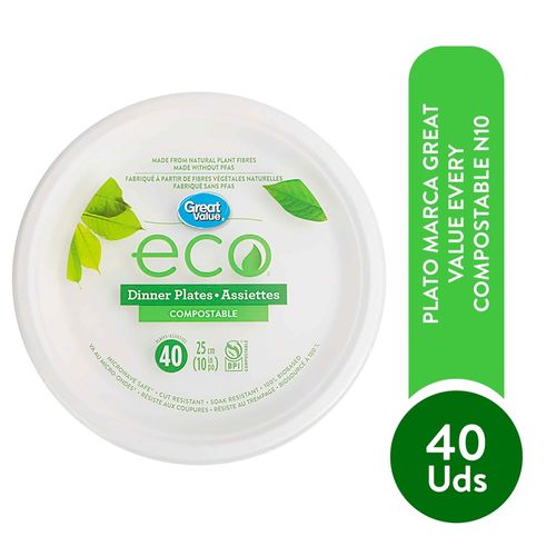 Plato Desechable Marca Great Value Every Compostable N10 - 40 Unidades