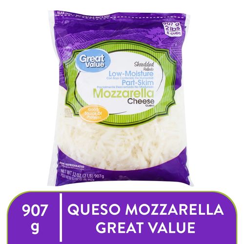 Queso Mozzarella Rallado Great Value Parcialmente Desnatado y Bajo en Humedad - 907 gr