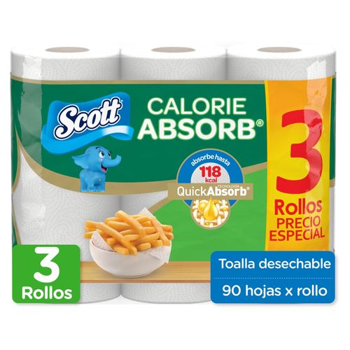 Toalla de Papel Desechable Scott Calorie Absorb 3 Rollos -90 hojas