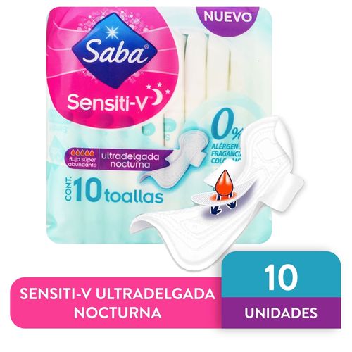 Toallas Femeninas Saba Sensiti-V Ultradelgada Flujo Súper Abundante Con Alas - 10Uds