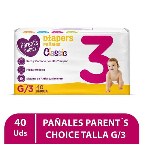 Pañales Desechables Marca Parents Choice, Clasic Talla G - 40 Unidades