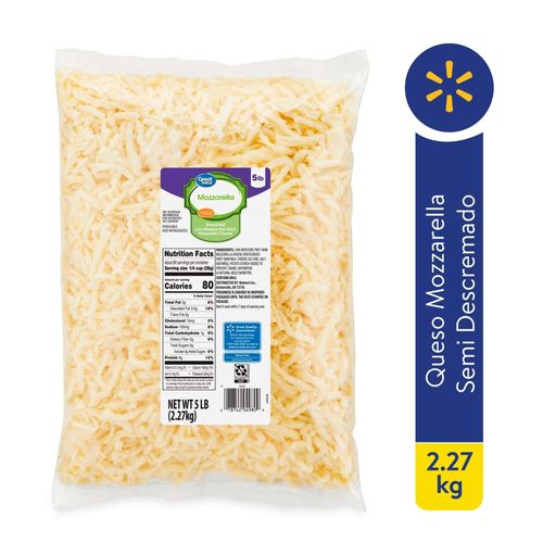 Queso mozzarella Great Value semidescremado rallado - 2.27 kg