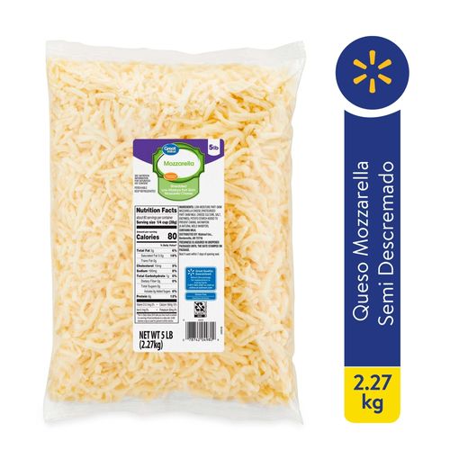 Queso Mozzarella Great Value Semi Descremado Rallado Bolsa - 2.27kg