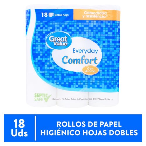 Papel Higiénico Great Value Doble Hoja Comodidad y Resistencia - 18 Rollos