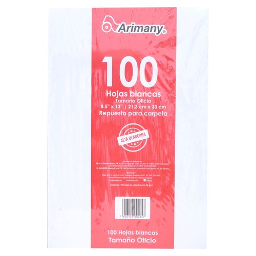 Hojas Arimany blanco tamaño oficio 100 hojas - 60 g