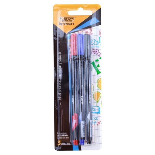Lapiceros Bic intensity rojo, negro y azul de punta fina - 3 Uds