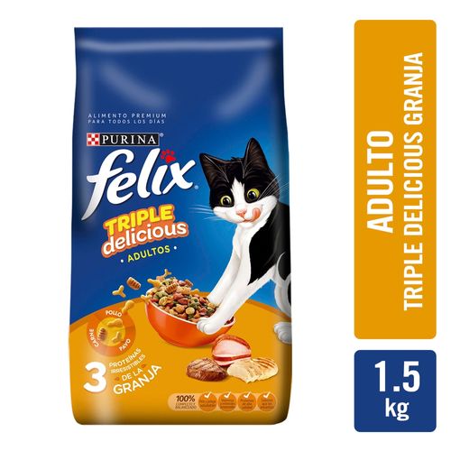 Alimento seco Purina felix para gato adulto triple delicious sabor pollo carne y pavo de la granja - 1.5 kg