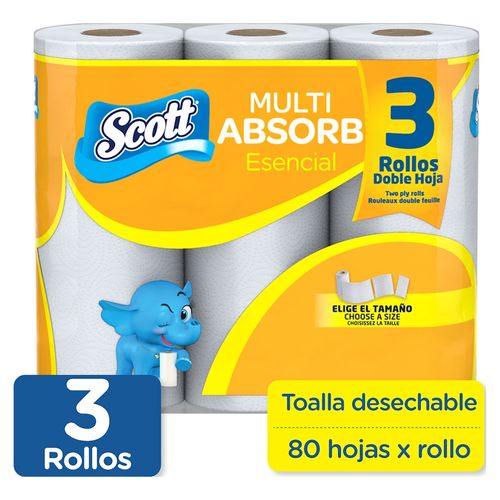 Toalla de Papel Desechable Scott Multi Absorbente 3 Rollos -80 hojas