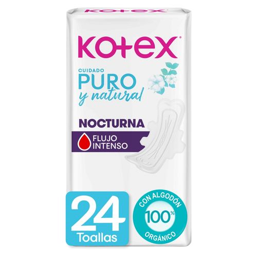 Toallas Femeninas Kotex Puro y Natural Nocturna - 24 Unidades