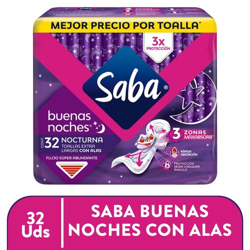 Toallas Femeninas Saba Buenas Noches Flujo Súper Abundante Con Alas - 32 Uds