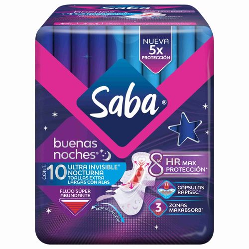 Toallas Femeninas Saba Buenas Noches Ultra Invisible, Flujo Súper Abundante Con Alas - 10 Uds