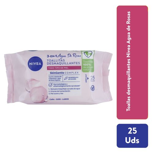 Toallas Desmaquillante Micelares  Nivea Agua De Rosas, Cara, Ojos Y Labios - 25Uds