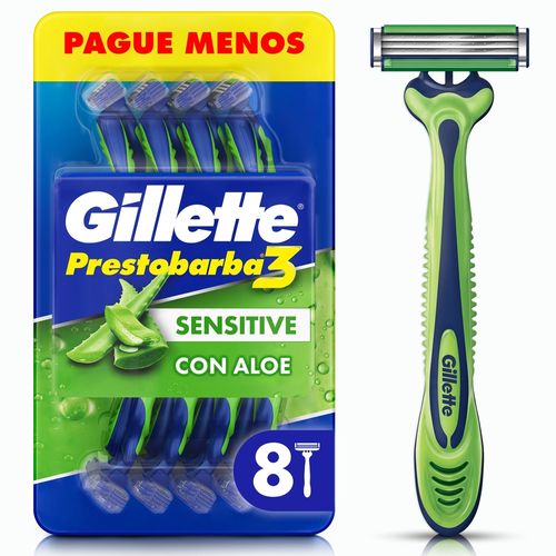 Rasuradora Gillette Prestobarba3 Sensitive con Aloe, Piel Sensible - 8 Uds