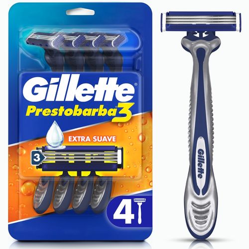 Rasuradora Gillette Prestobarba3 con 3 Hojas Afeitada al Ras - 4 Uds