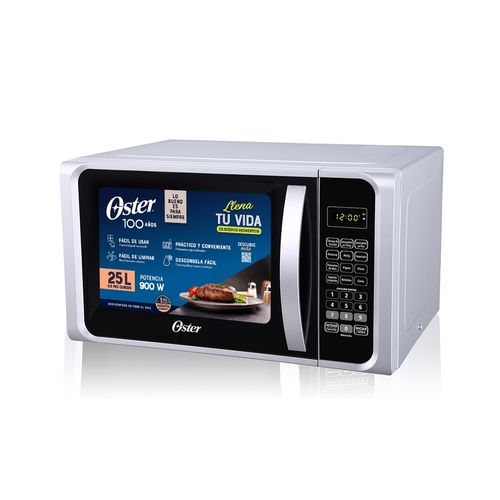 Microondas digital Oster 0.9 pies cubicos color silver puerta negra, apertura de puerta con agarradera