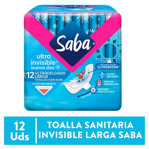 Toallas Femeninas Saba Ultra Invisible Ultradelgada Larga Flujo Abundante Con Alas - 12Uds