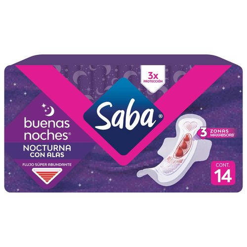 Toallas Femeninas Saba Nocturna Flujo Súper Abundante Extra Larga Con Alas -14 uds