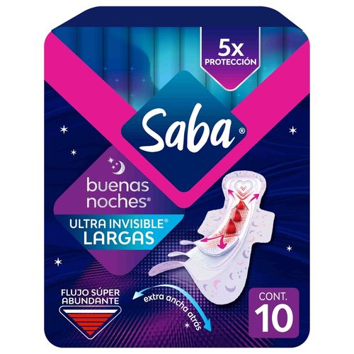 Toallas Femeninas Saba Buenas Noches Ultra Invisible, Flujo Súper Abundante Con Alas - 10 Uds