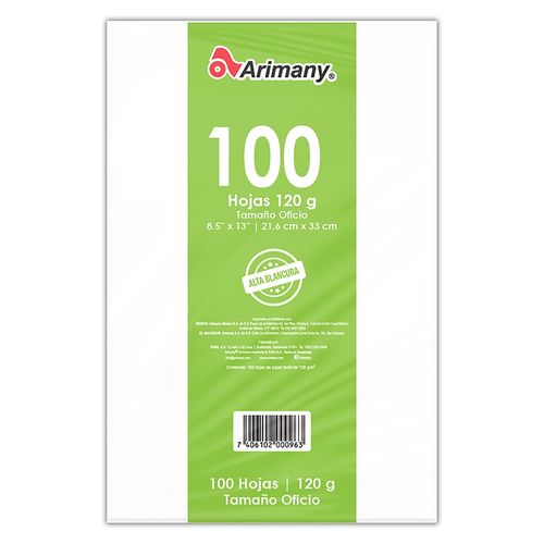 Hojas bond Arimany blancas  tamaño oficio -100 Uds