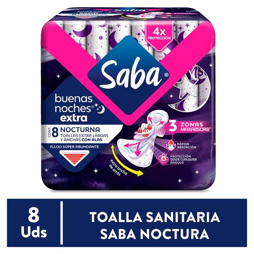 Toallas Femeninas Saba Nocturna Flujo Súper Abundante Extra Largas Y Anchas Con Alas - 8Uds