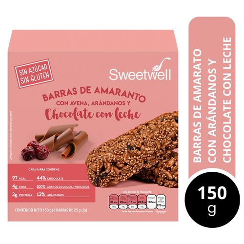 Barras Sweetwell de amaranto con avena, arándanos y chocolate con leche - 150 g
