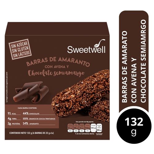 Barras Sweetwell sin azúcar de amaranto con avena y chocolate semiamargo - 132 g