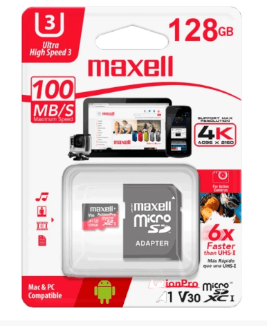 Memoria micro SD Maxell SDXC MCSD-128U3 de 128GB UHS-3 con adaptador SD