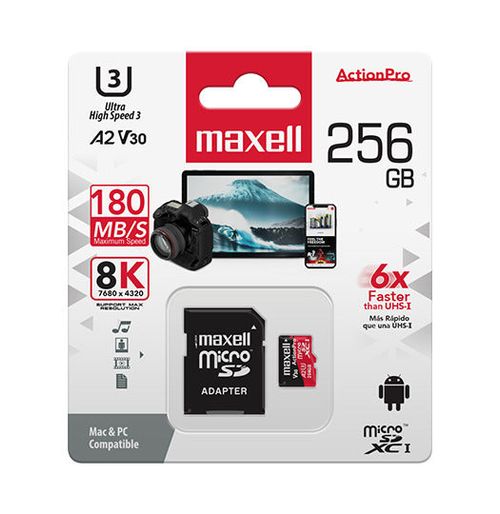 Memoria micro SD Maxell SDXC MCSD-256U3 A2 de 256GB con adaptador SD
