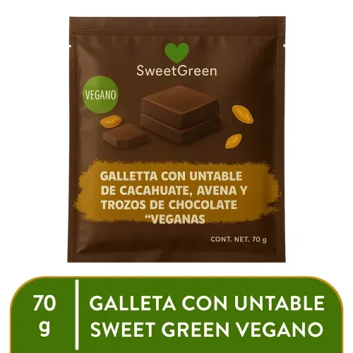 Galletas Veganas Sweet Green con untable de cacahuate, avena y trozos de chocolate - 70 g