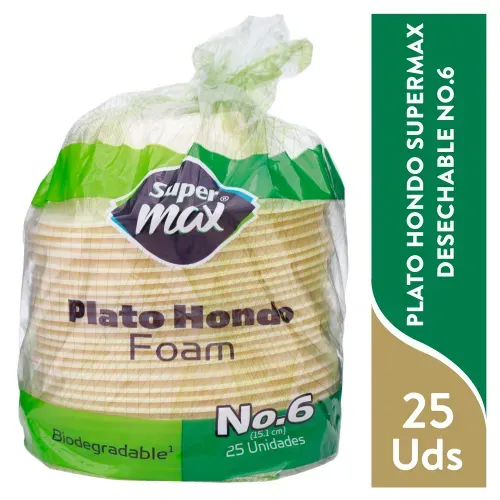 Plato Desechable Marca Supermax N6 Hondo Foam - 25 Unidades