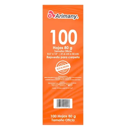 Hojas Arimany blanco tamaño oficio - 80 hojas