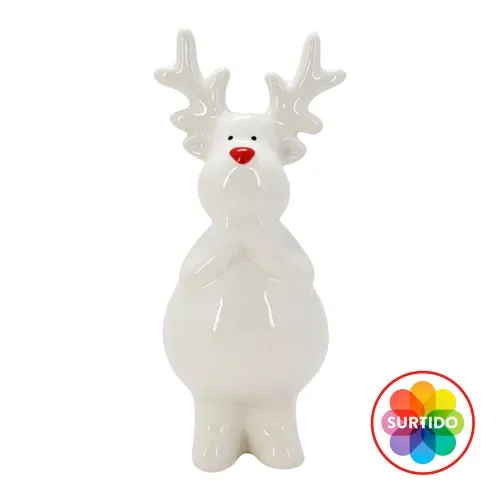 Decoración Holiday Time de reno blanco de cerámica Navidad - 14 cm